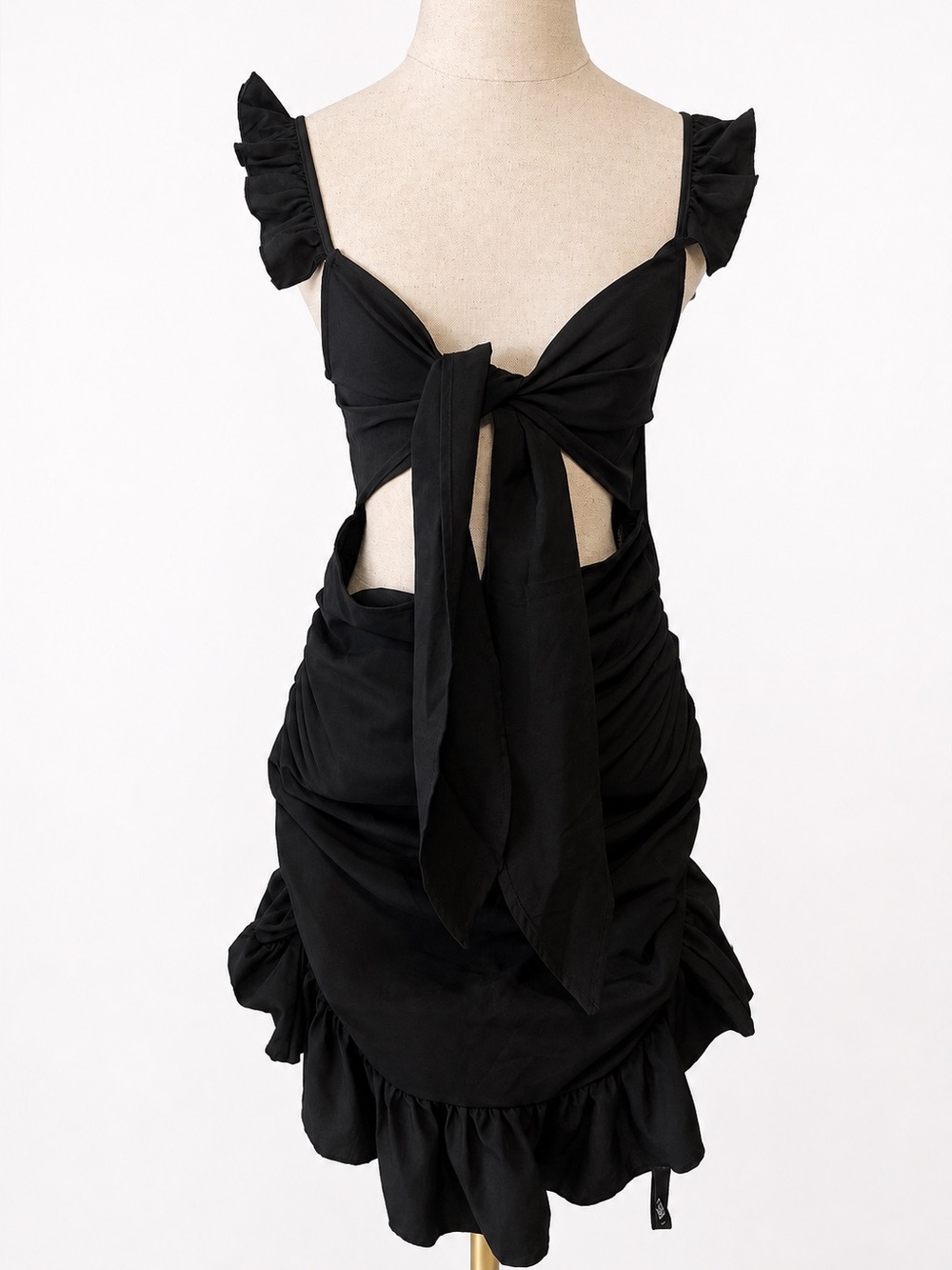 PrettyLittleThing Black Ruffle Tie-Front Mini Dress with Cutouts